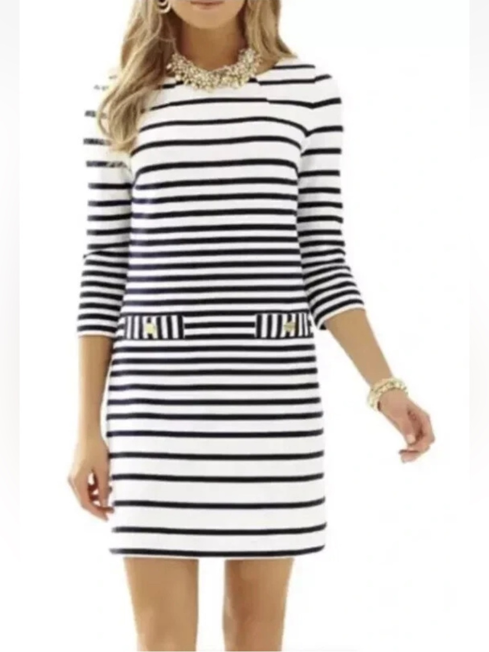 Lilly Pulitzer Charlene 3/4 Sleeve Knit Shift Dress Sz XS Navy Blue White Stripe - Picture 1 of 8